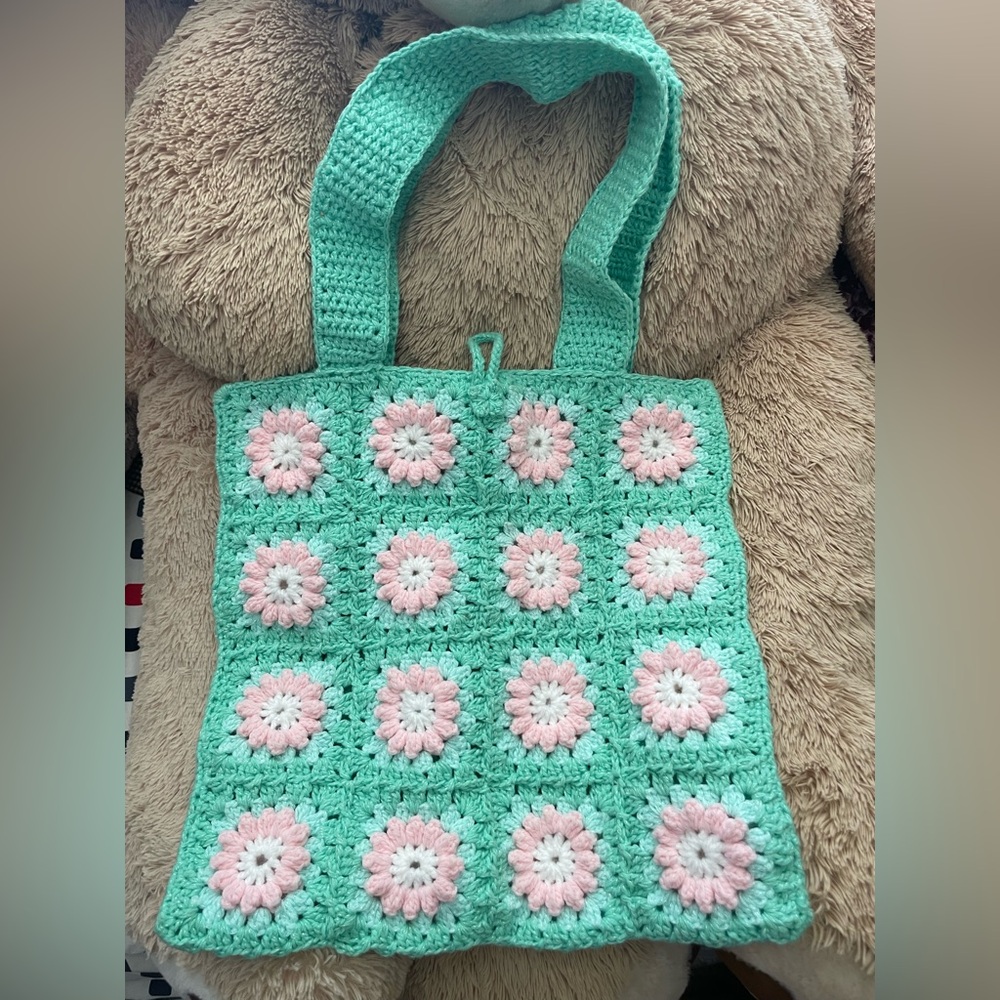Handmade Crochet Tote Bag Floral Granny Square Boho Shoulder Purse
